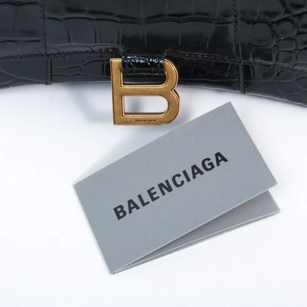 Balenciaga Hourglass XS Black Croc-Embossed Calfskin Top Handle Crossbody Bag
